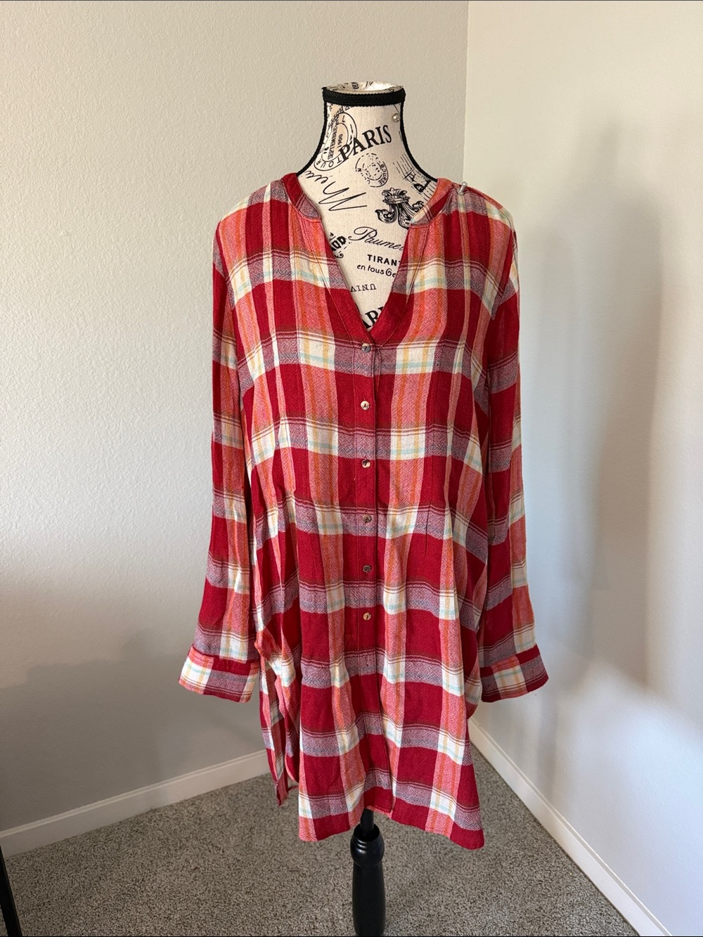 Relaxed Red Plaid Button-Front Tunic with V-Neck